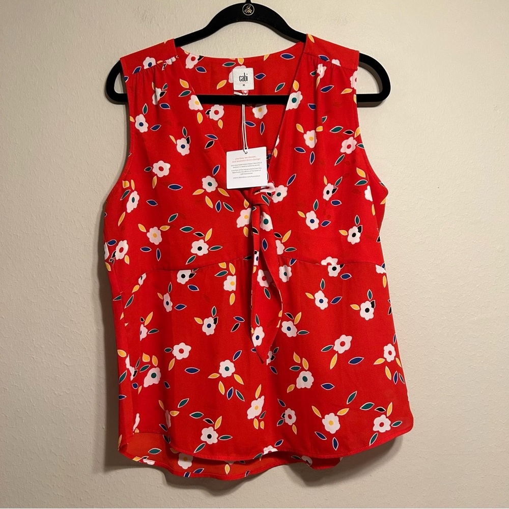 CAbi Red Floral‎ Women's Tie Front Sleeveless Top Size M